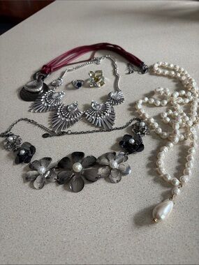 Assorted Women's Necklace Set - Silver, Pearl & Maroon Accents
